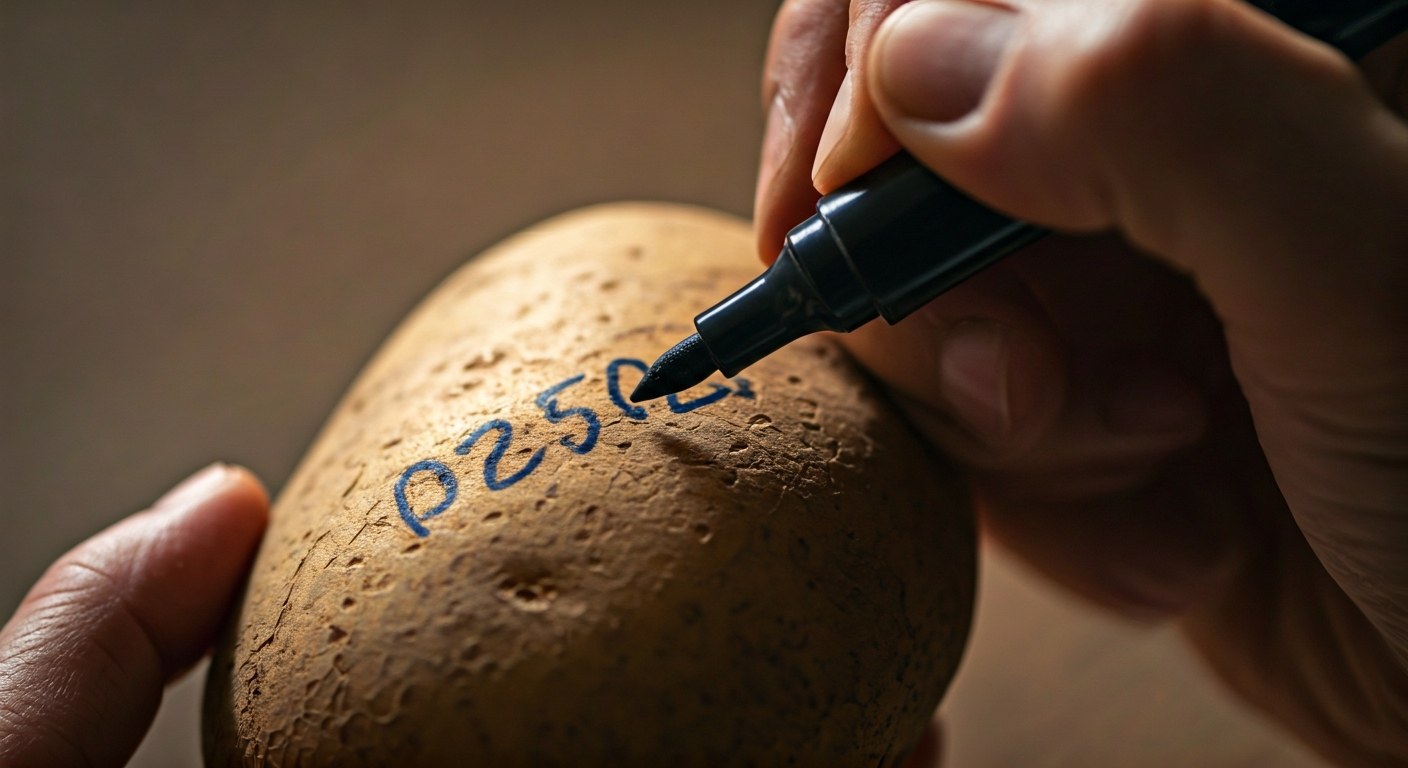 Addressing a Potato for Shipping Close-up of hands writing a mailing address with a black marker directly onto the skin of a large brown Russet potato.
