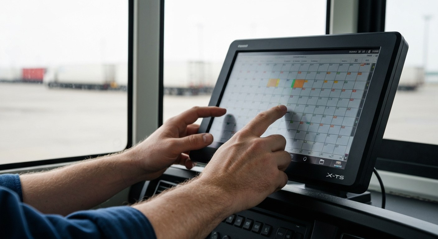 Digital Yard Management System Interface Hands using a yard management system interface on a rugged monitor inside a logistics gatehouse.