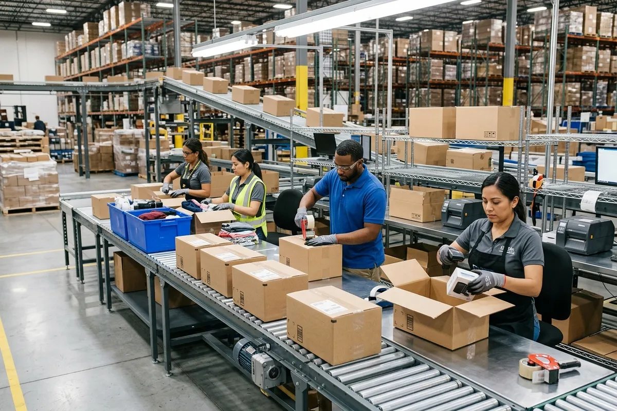 Workers processing ecommerce orders at a 3PL fulfillment packing station.