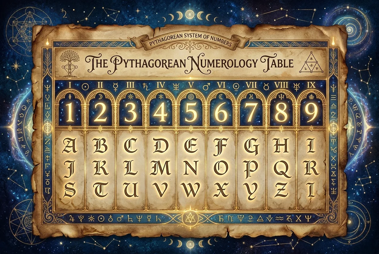 Tabela de conversão de letras em números Gráfico esotérico exibindo a Tabela Pitagórica com letras se transformando em números dourados sobre um pergaminho antigo