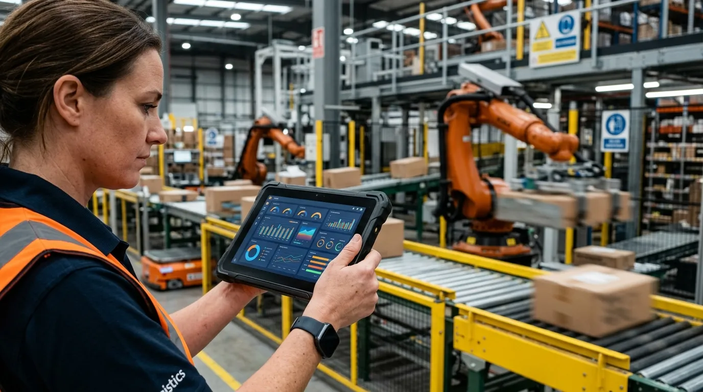 ERP System Warehouse Management in 2027: Why Built-In Modules Are Failing 2 Logistics manager checking real-time ERP cloud data
