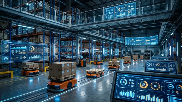 ERP System Warehouse Management in 2027: Why Built-In Modules Are Failing 1 Futuristic warehouse with digital ERP dashboards and robotics