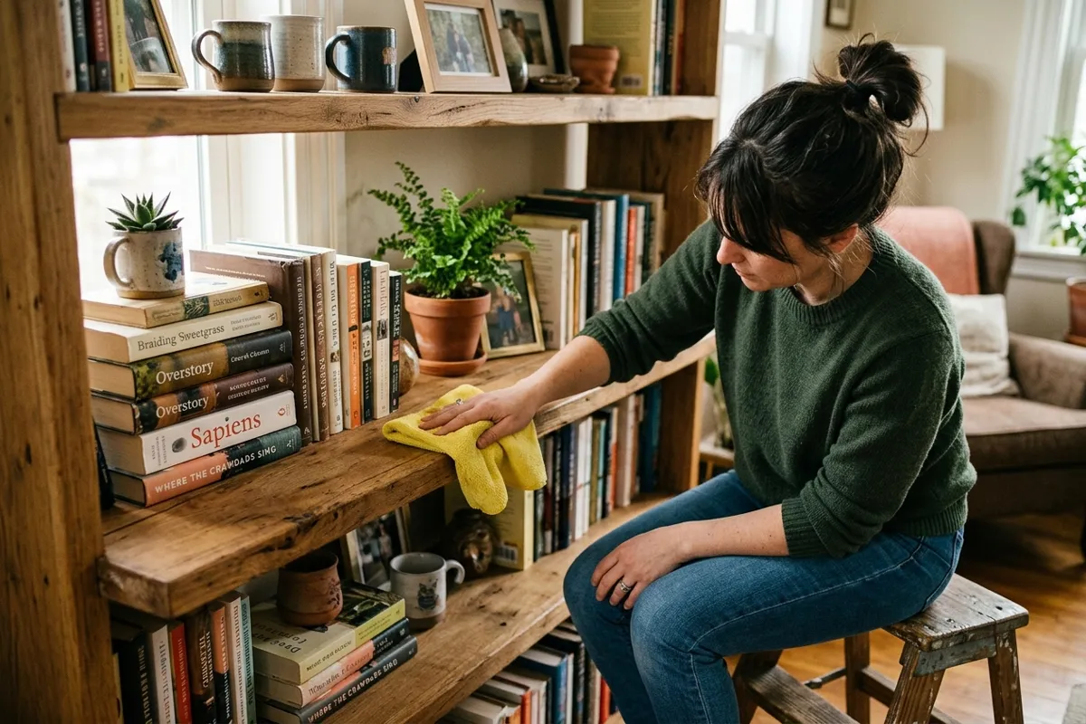 The Anti-Dust Home: Dust Prevention for Less Cleaning 3 A person using a microfiber cloth on a wooden shelf to prevent dust accumulation