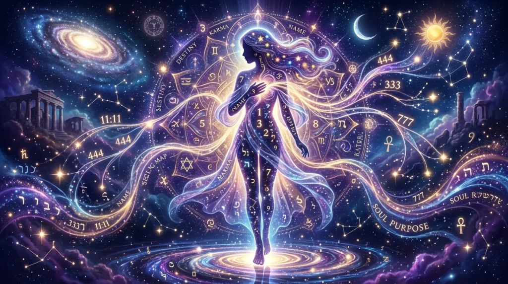 Numerologia do Nome e Destino: Descubra o Seu Caminho 11 Ilustração mística mostrando números brilhantes e caminhos etéreos se misturando à silhueta de uma pessoa