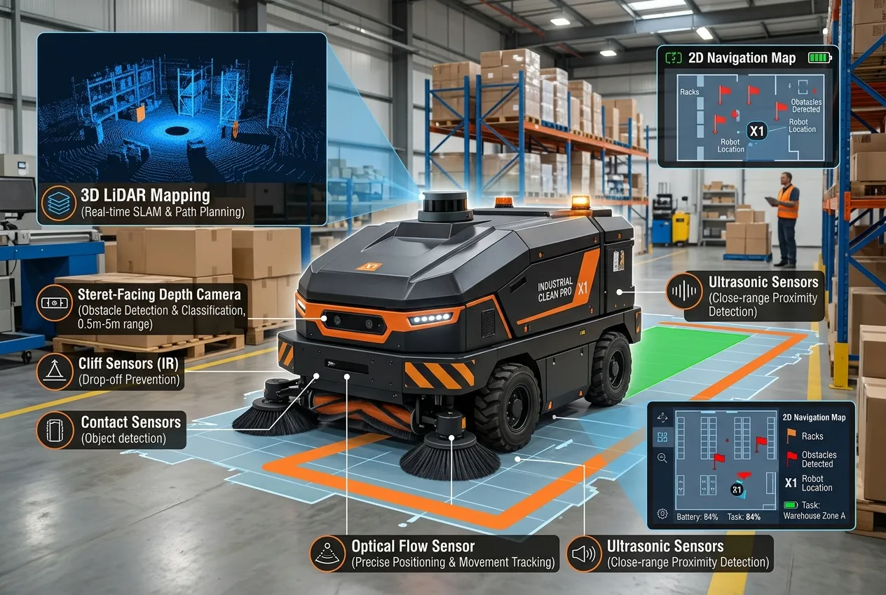 Sensors and mapping technology on a commercial heavy-duty robot vacuum