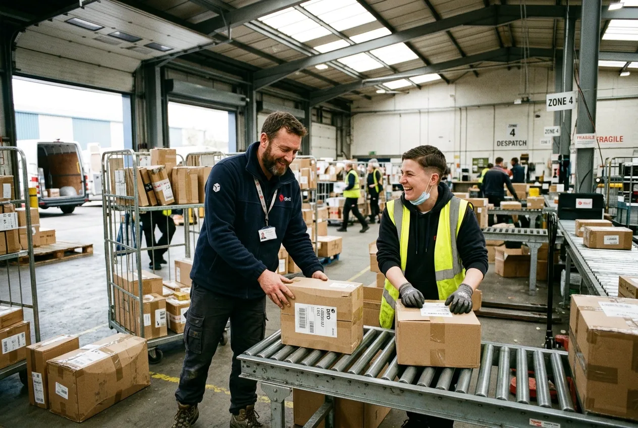 The Insider's Guide to the UPS Careers Application Process 3 UPS delivery driver and package handler working at a warehouse (AI Generated Image)