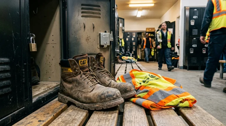 Zappos Amazon Employee Safety Shoe Credit ($110 Annual Benefit): Complete Redemption Guide 13 Work safety boots and high visibility safety vest in warehouse locker room (AI Generated Image)
