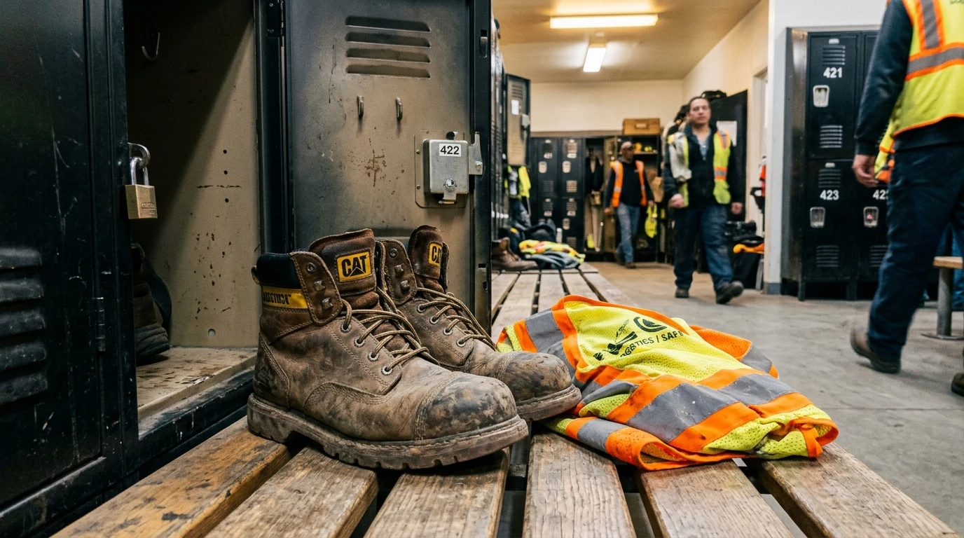 Work safety boots and high visibility safety vest in warehouse locker room (AI Generated Image)