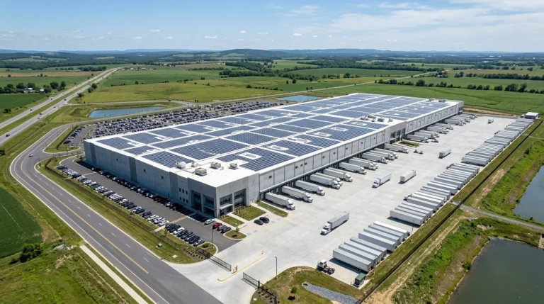 Amazon Greenfield Fulfillment Centers: Architecture, Robotics, and Facility Design 4 Drone view of modern Amazon greenfield fulfillment center facility (AI Generated Image)