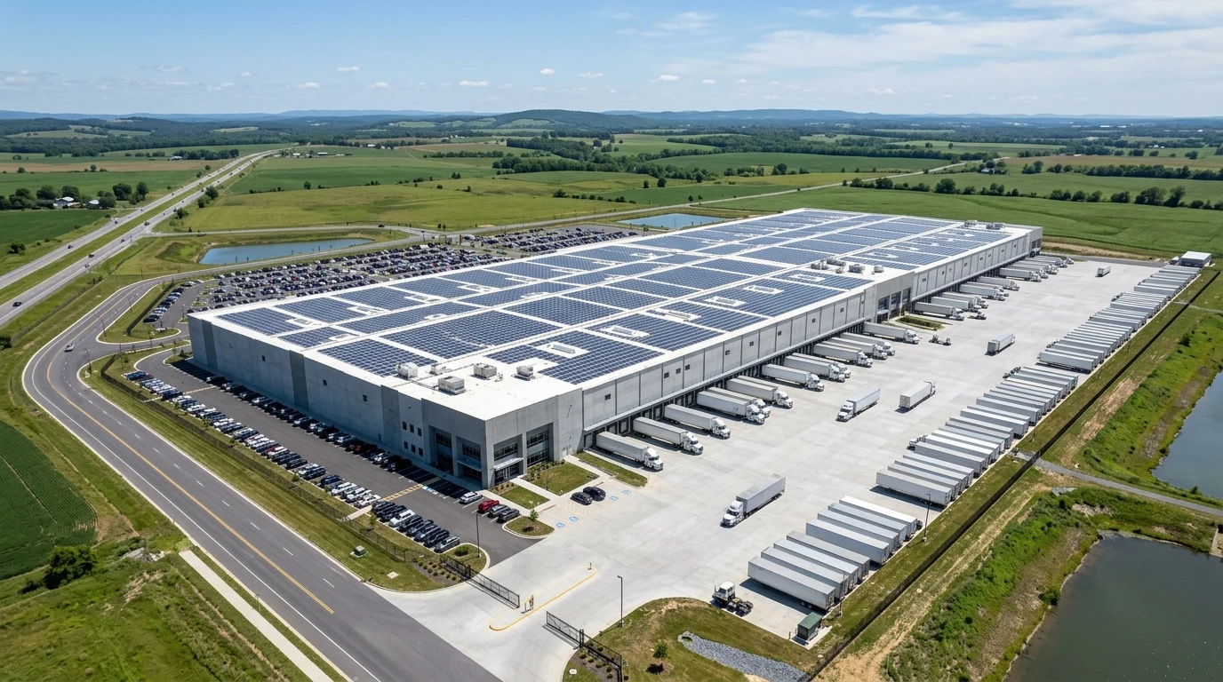 Amazon Greenfield Fulfillment Centers: Architecture, Robotics, and Facility Design 1 Drone view of modern Amazon greenfield fulfillment center facility (AI Generated Image)