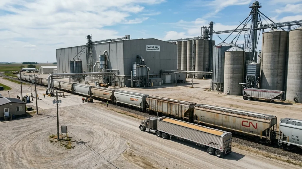 Modern grain handling and bulk processing logistics facility (AI Generated Image)