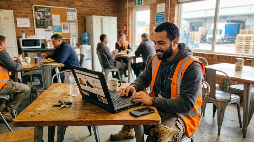 Amazon Zappos at Work Portal: Safety Shoe Ordering, Policy & HR Guide 6 Logistics associate using laptop in employee breakroom ordering protective footwear (AI Generated Image)