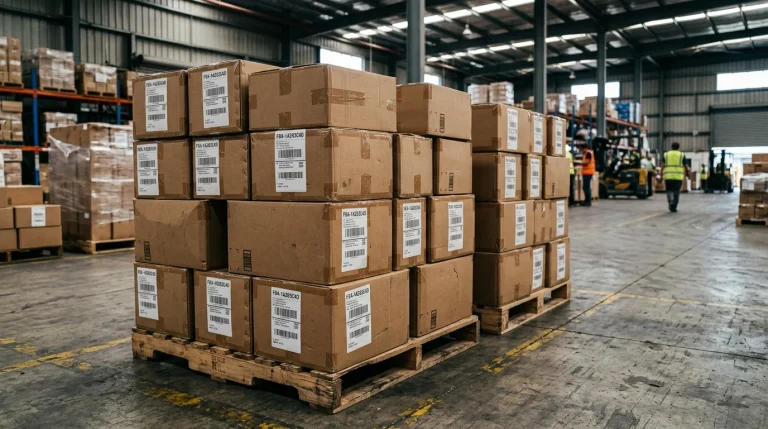 How to Find Your Amazon FBA Warehouse Address to Ship Inventory to the US 1 FBA shipping cartons stacked on pallets in export shipping warehouse (AI Generated Image)
