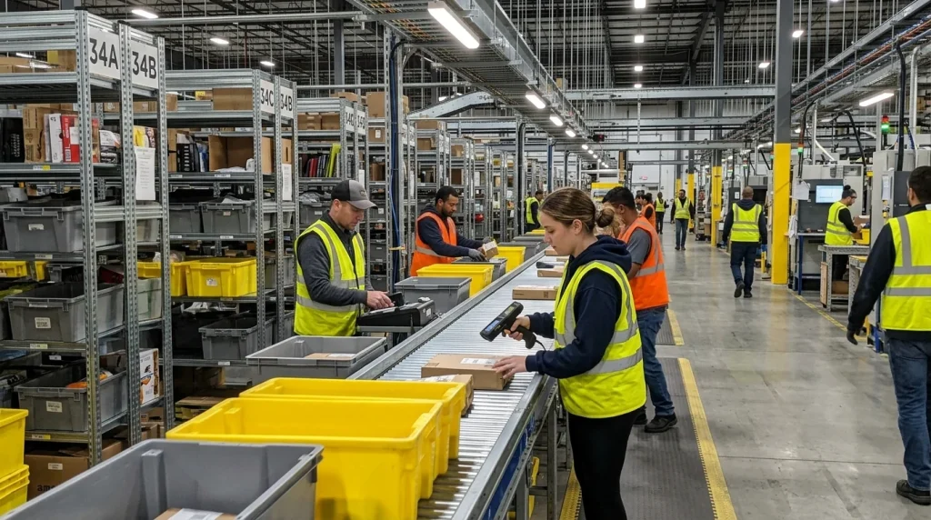 Warehouse associates working inside modern fulfillment center (AI Generated Image)