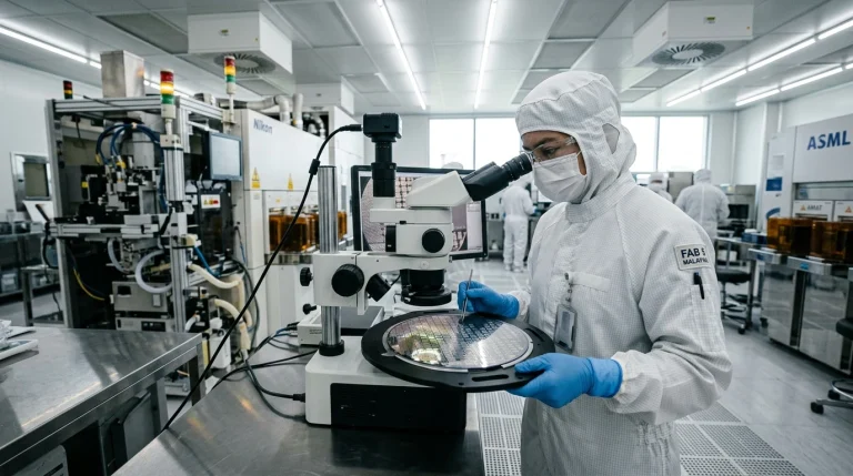 Semiconductor Wafer Dicing & Packaging Logistics in Malaysia: The Complete Industry Guide 3 Cleanroom technician inspecting silicon semiconductor wafer under microscope in Malaysia (AI Generated Image)