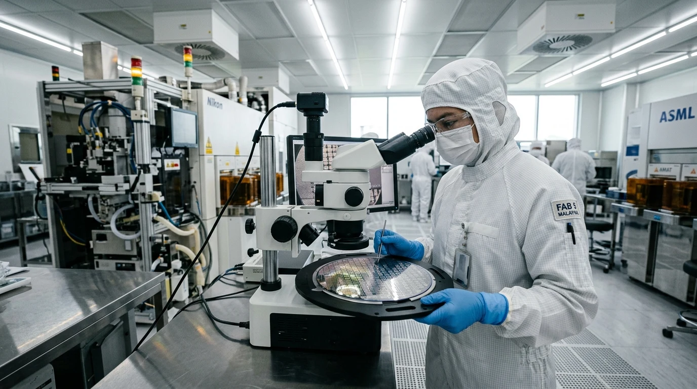 Semiconductor Wafer Dicing & Packaging Logistics in Malaysia: The Complete Industry Guide 1 Cleanroom technician inspecting silicon semiconductor wafer under microscope in Malaysia (AI Generated Image)