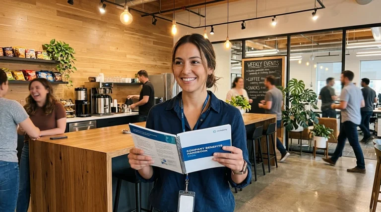 Zappos Employee Perks & Amazon Benefits: Dual Discount Codes, Culture & Careers 2 Employee holding company benefits handbook in tech company lounge (AI Generated Image)