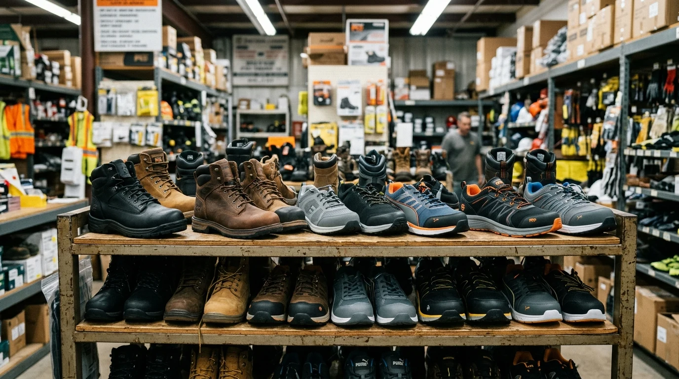 Industrial safety work boots and composite toe athletic footwear on supply shelf (AI Generated Image)