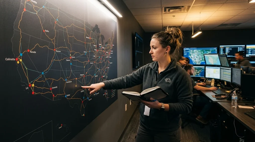 Amazon Warehouses Locations: The Complete Nationwide Directory & Facility Types Guide 8 Logistics dispatch coordinator analyzing nationwide fulfillment center map (AI Generated Image)
