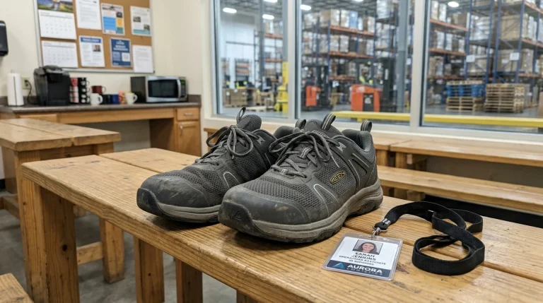 Zappos Safety Shoes for Amazon Employees: Top Rated Models, Sizing & Break-In Guide 2 Lightweight composite toe safety shoes on warehouse breakroom table (AI Generated Image)