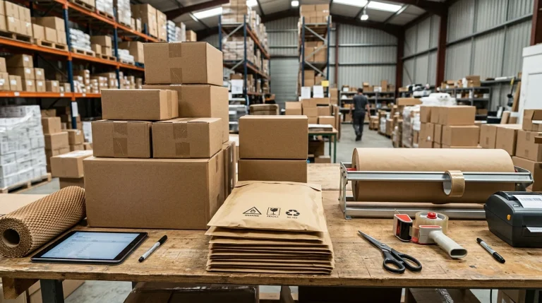 Eco-friendly corrugated boxes and poly bags on packing workstation in e-commerce fulfillment warehouse (AI Generated Image)