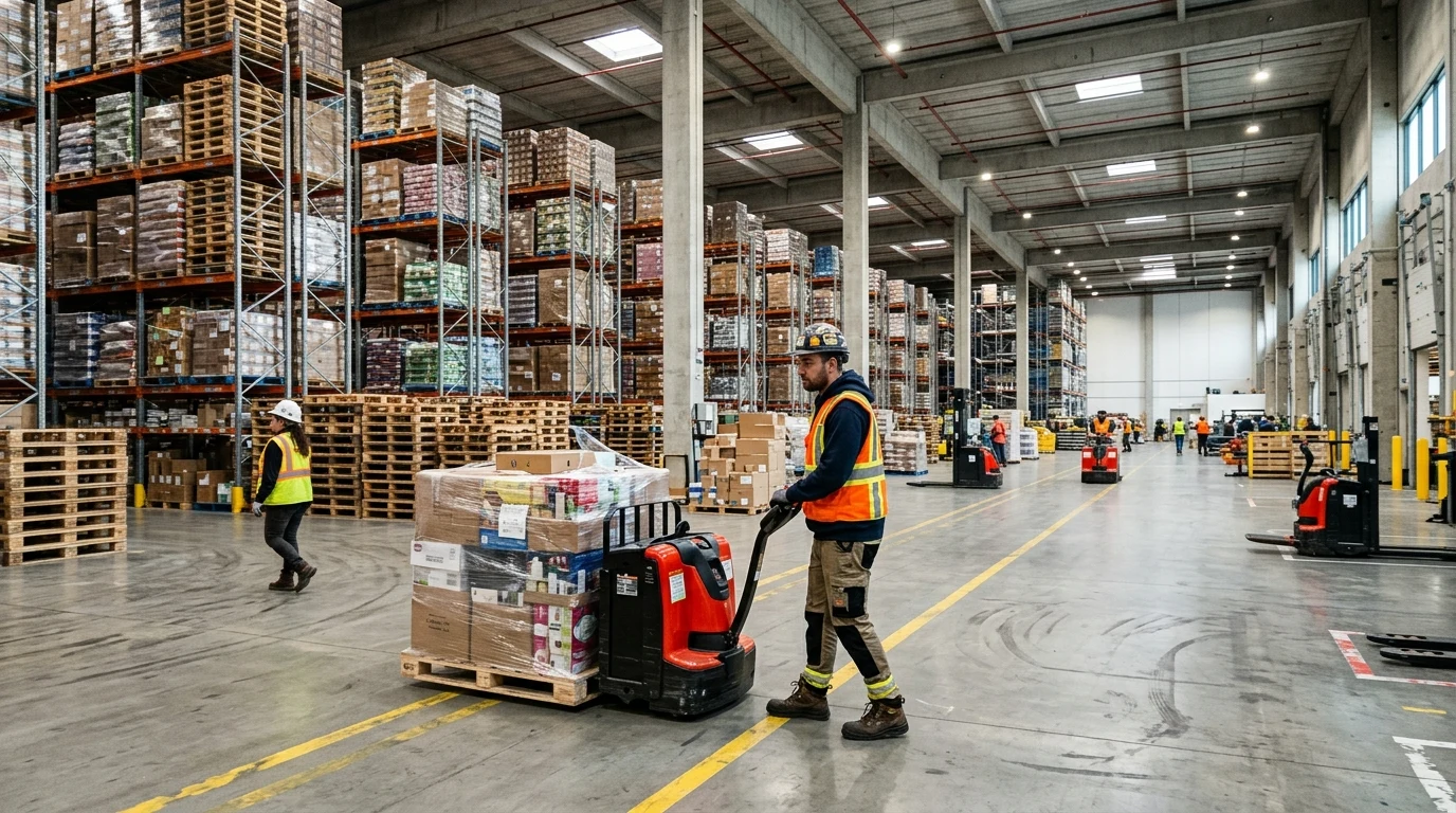 Walmart Distribution Center Jobs: The Complete Guide to Roles, Pay, Shifts, and Hiring 1 Logistics associate operating electric pallet jack in modern Walmart distribution center (AI Generated Image)