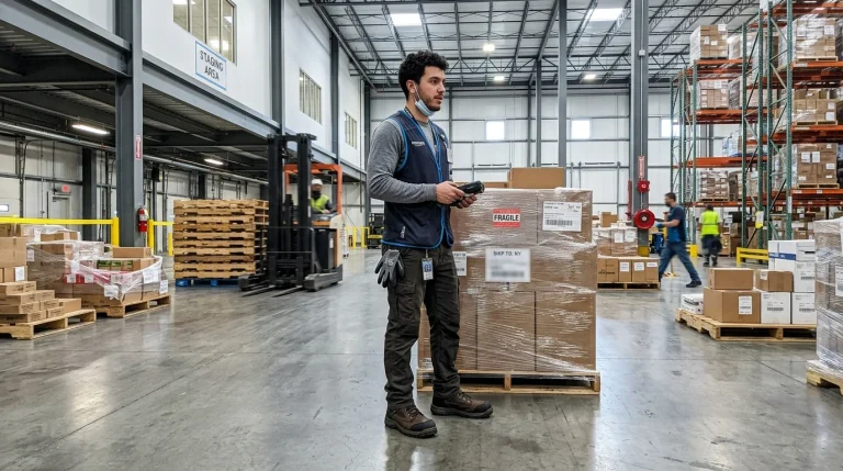 Zappos at Work: The Complete Guide to Corporate Safety Footwear & Employer Programs 5 Warehouse associate wearing composite toe safety footwear in fulfillment center (AI Generated Image)