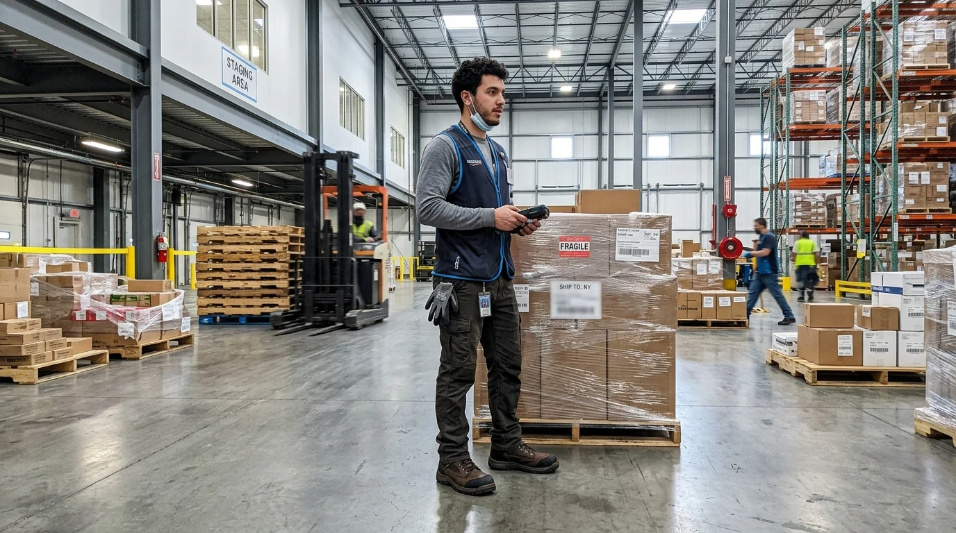 Zappos at Work: The Complete Guide to Corporate Safety Footwear & Employer Programs 1 Warehouse associate wearing composite toe safety footwear in fulfillment center (AI Generated Image)