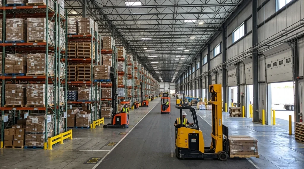 Warehouse USA: The Complete Guide to American Commercial Logistics, 3PL Hubs & Industrial Real Estate 7 Modern high-bay logistics warehouse distribution center with forklifts and pallet racking in USA (AI Generated Image)