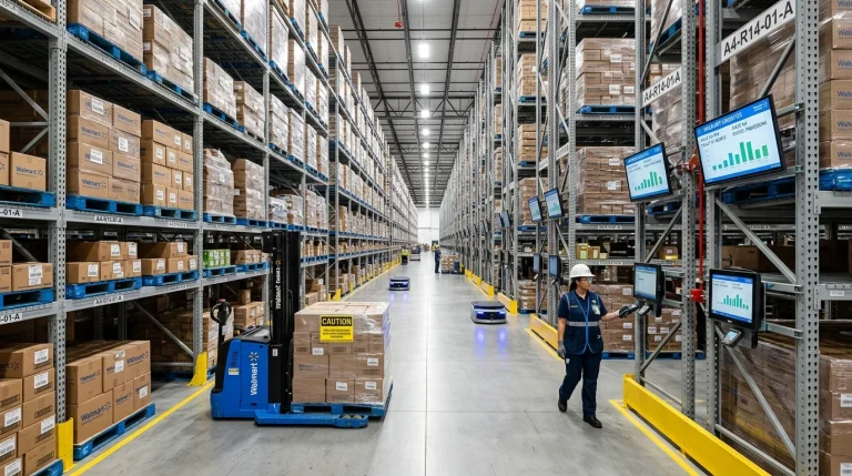 Walmart distribution center aisle and alignment barcode systems (AI Generated Image)