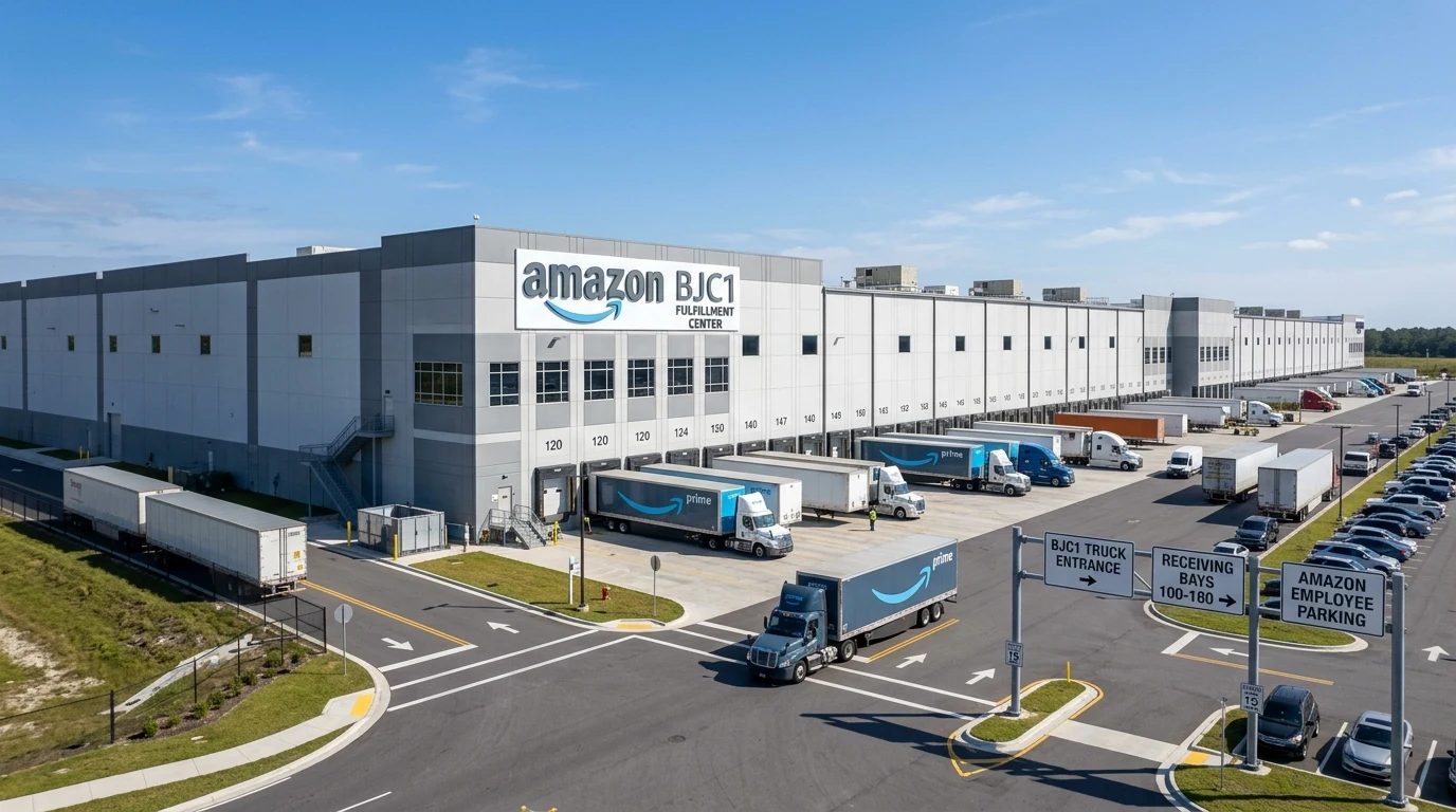 BJC1 Amazon Warehouse Address & Logistics 1 BJC1 Amazon Fulfillment Center warehouse exterior and loading docks (AI Generated Image)