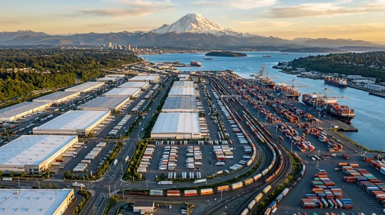 Warehousing and Distribution in Washington State 1 Washington State intermodal distribution center and container terminal (AI Generated Image)
