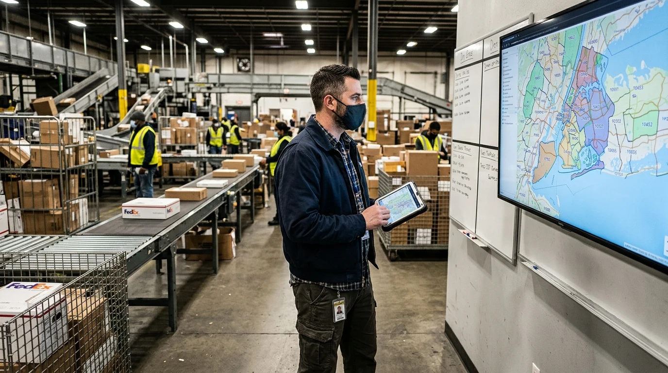 Amazon ZIP Code Routing: How Packages Navigate Fulfillment Centers, Sort Hubs & Delivery Stations 1 Logistics dispatch supervisor looking at package delivery zones and ZIP code routes in regional sortation center (AI Generated Image)