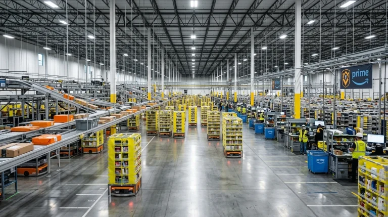 Amazon Prime Distribution Warehouse Guide 1 Amazon Prime automated robotics distribution warehouse facility (AI Generated Image)