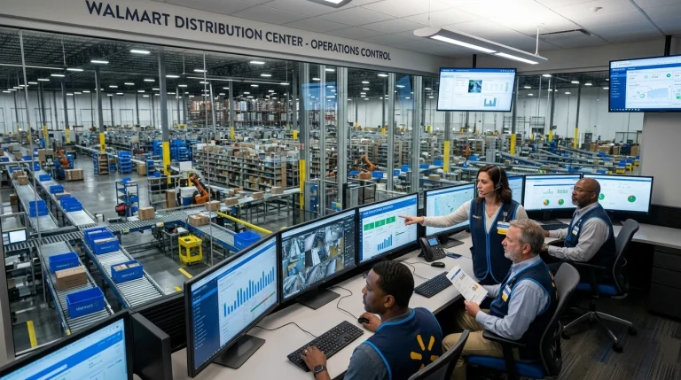 Walmart Warehouse Management System (WMS) Guide 2 Walmart distribution center operations control room and inventory dashboards (AI Generated Image)