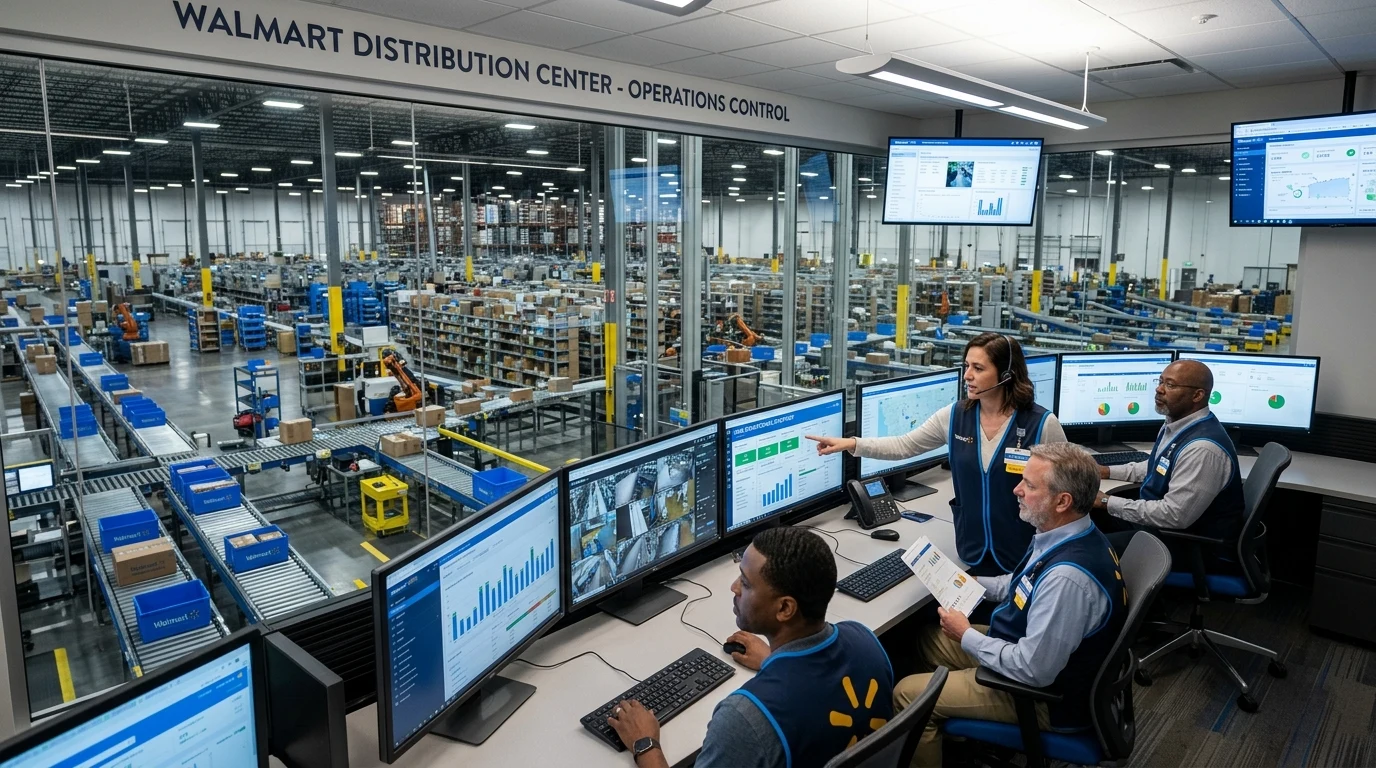 Walmart distribution center operations control room and inventory dashboards (AI Generated Image)